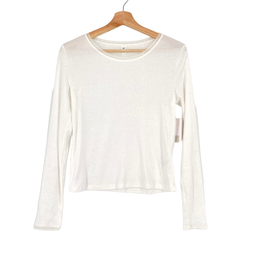 BP. Nordstrom Lace Trim Rib Long Sleeve Tee in White